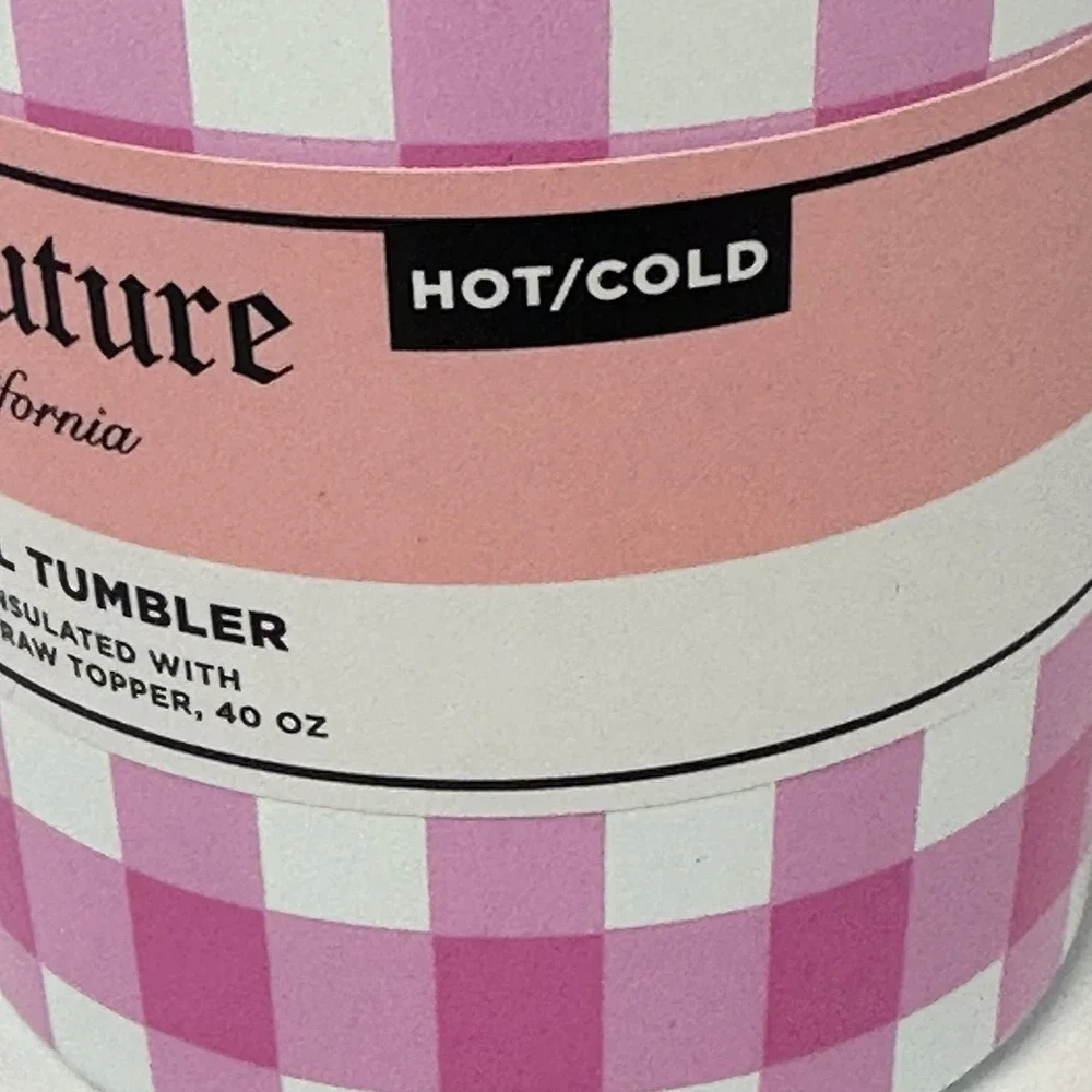 Juicy Couture Pink Gingham Cherry 40oz Tumbler w Handle Straw Stainless Steel